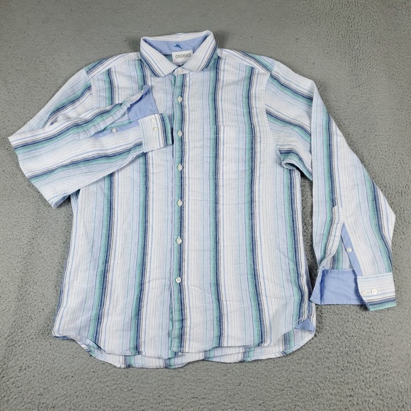 Tommy Bahama Shirt Mens Medium Blue Striped Linen Blend Button Up Long Sleeve - Picture 2 of 7